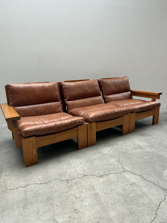 Image 1 of MODULAIRE STOEL SOFA SER PIEF HOUT MASSIEF COGNAC LEATHER IN KARIN MOBRING STIJL, SCANDINAVIA 1970