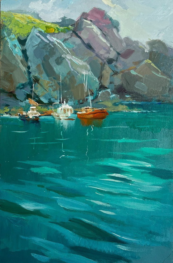 Image 1 of Original Oil Painting Rock Landscape The sea washes the mountains