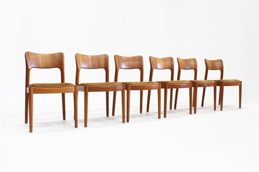 Juego de 6 sillas de comedor danesas vintage de teca Niels Koefoed de los años 60