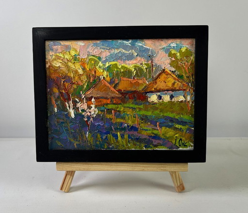 Original Oil Painting Evening Village Landscape Light and joy in every breath of air