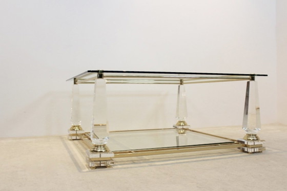 Lucite, Messing en Glas Obelisk Salontafel, Koffietafelboeken, Hollywood Regency (foto 8 van 10)