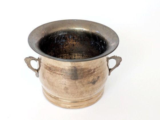 Image 1 of Vintage Hammered Brass Cachepot Planter with Ornate Handles and Age Patina