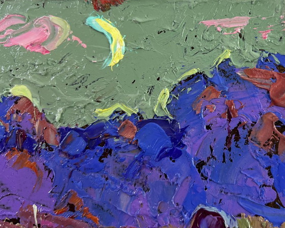 Image 1 of Original Oil Painting Sunset Field Landscape The path into the evening coolness