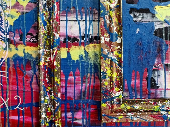 Quadro astratto con motivi di gatti e cani, CB, Dipinti e disegni, Legno, MDF, Rosso, Abstract (foto 5 di 15)