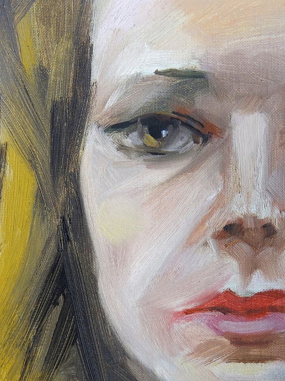 Image 1 of Vintage portrait "The Woman in Green", oil on canvas board, wooden frame
