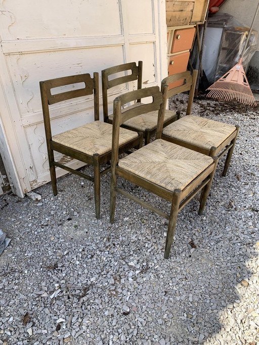 Chaises de salle à manger rustiques en bois avec assises en paille, années 1970, lot de 4
