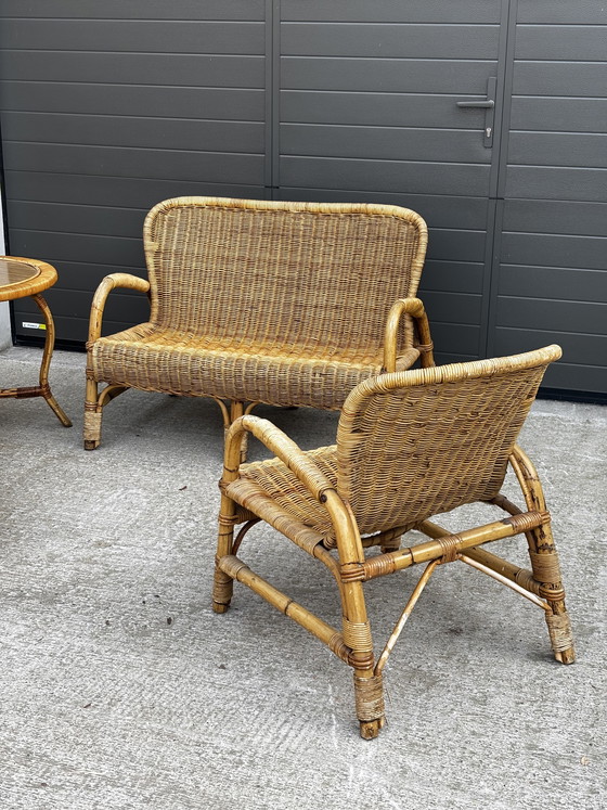 Image 1 of Vintage rotan tuinset – bank, 2 fauteuils en salontafel (jaren 70) 