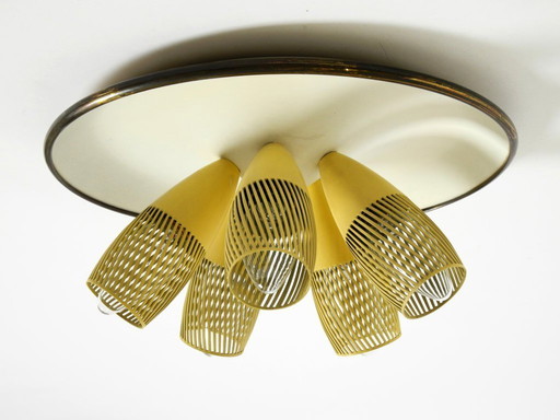 Very rare 5-arm mid-century modern metal bag ceiling lamp with round white reflector