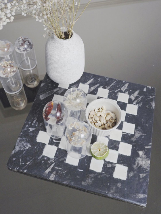Image 1 of Handpainted Fossil Marble Chess Board, Vintage 1970s Cheese Charcuterie Tray, Black White Checkered Orthoceras Decor Gift