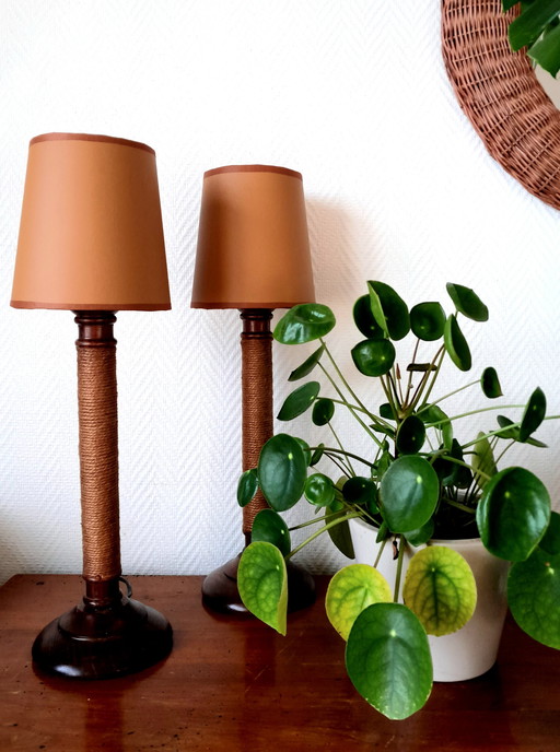 2X Lampes Vintage Bois Corde Et Simili Cuir 