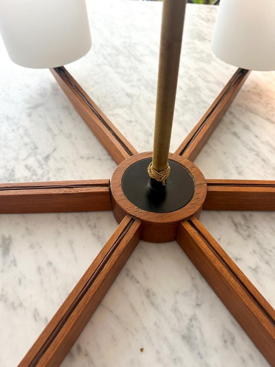 Vintage Mid Century Modern Teak Pendant Lamp Large Teak Frosted Glass – Wood (photo 14 of 14)