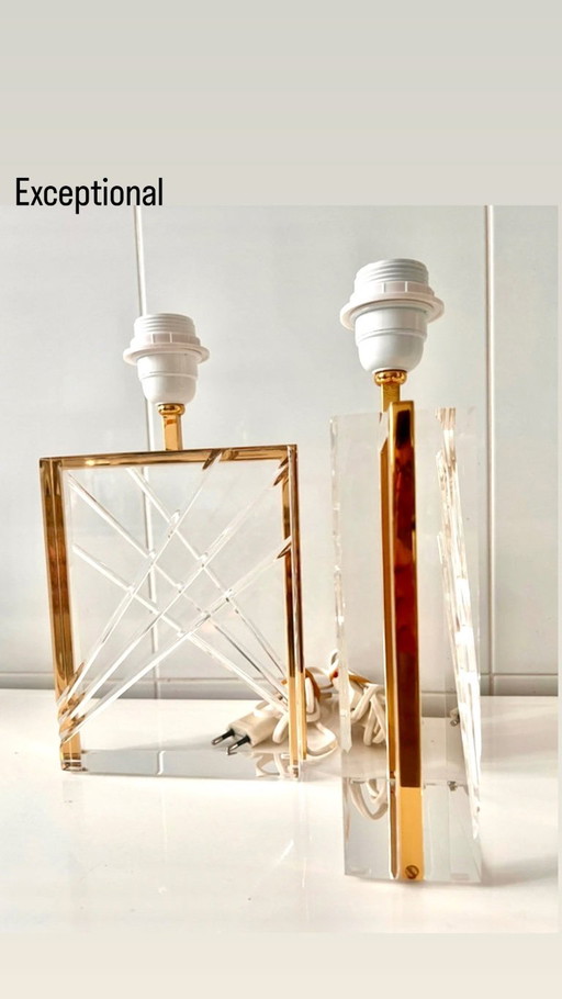 Paire de lampe Lucite et dorure , Italie 1970