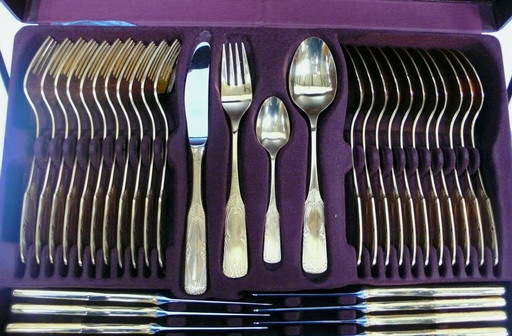 70-piece cutlery set by SBS Solingen model Athen, 24 carat hard gold-plated, in case, 60s 70s