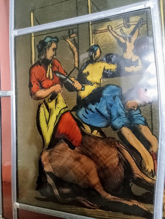 Image 1 of Antiek Glas in Lood Slagers Slachthuis Koeien