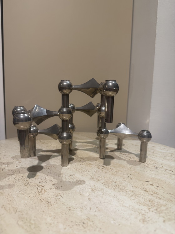 Image 1 of Titre : Ensemble de 9 Bougeoirs Modulaires Nagel/BMF - Chrome Vintage 1960
