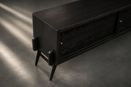 Image 1 of Vintage Mid-Century Modern Scandinavian Dark Oak Sideboard with Wooden & Metal Handles, 1960s