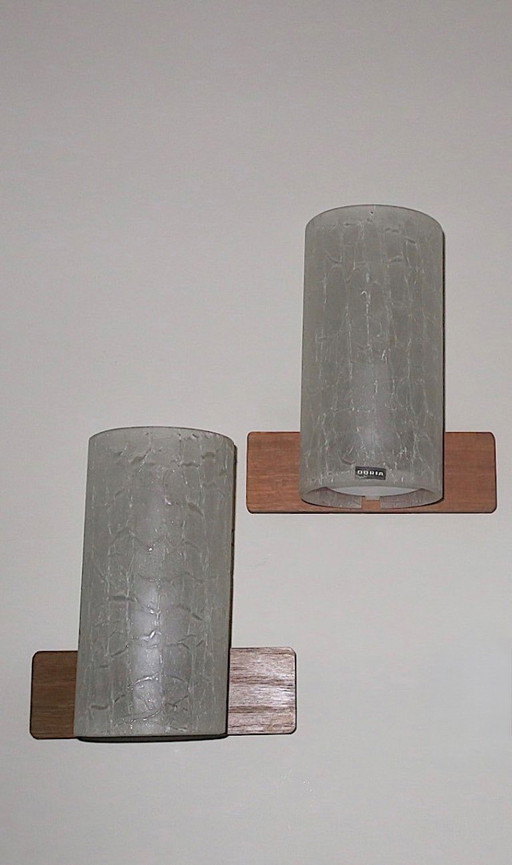 Pair of Doria Leuchten Crackled Frosted Glass and Teak Wall Lights, 1960s