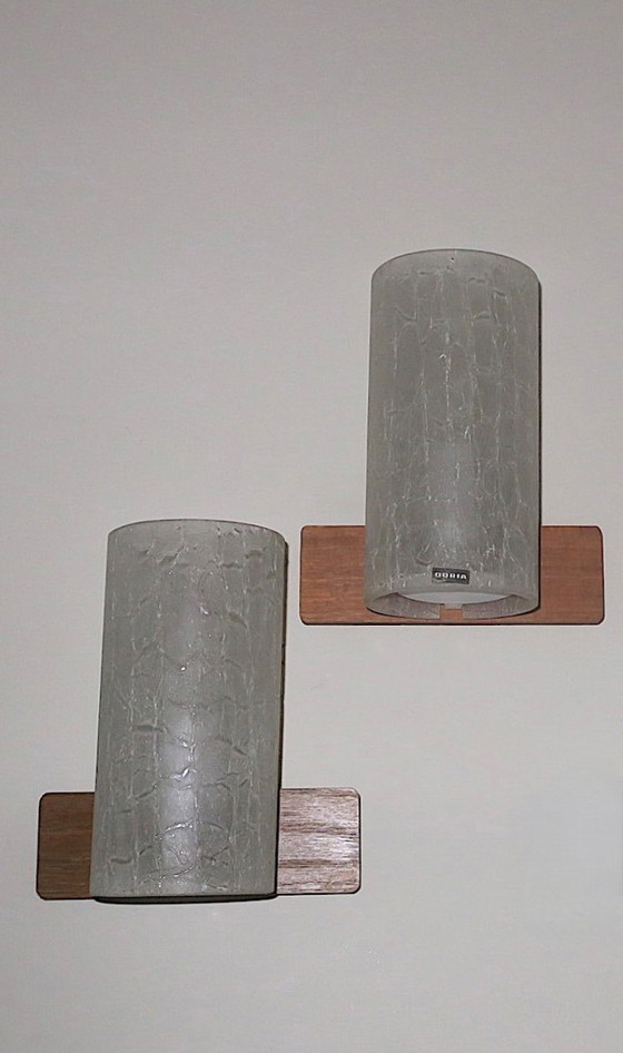 Image 1 of Pair of Doria Leuchten Crackled Frosted Glass and Teak Wall Lights, 1960s