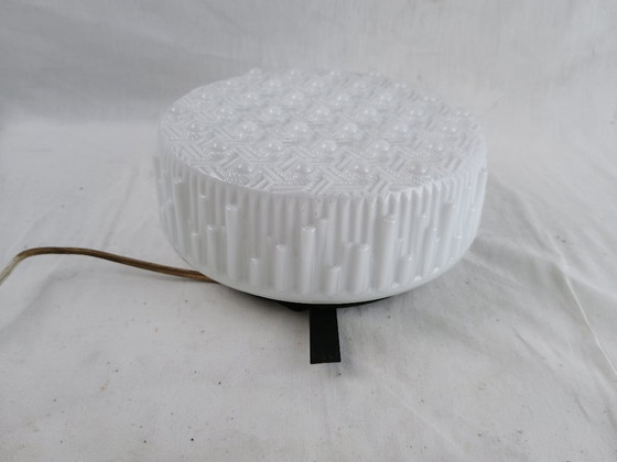 Image 1 of Vintage Glashütte Limburg 1960s Pressed Glass Ceiling Light - Textured Clear Glass Flush Mount Wall Sconce German Mid-Century