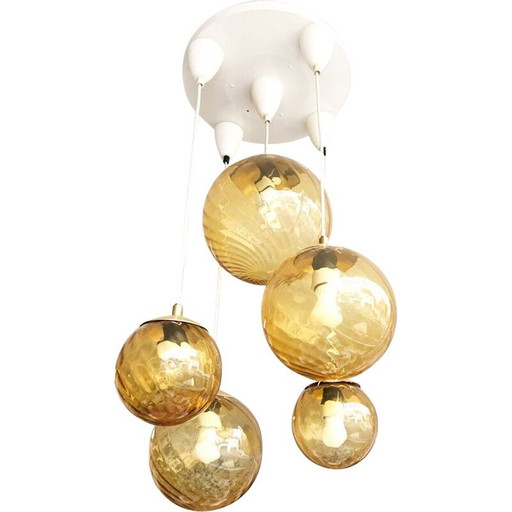 Vintage 5-ball smoked glass suspension by Parscot Luminaires, 1970