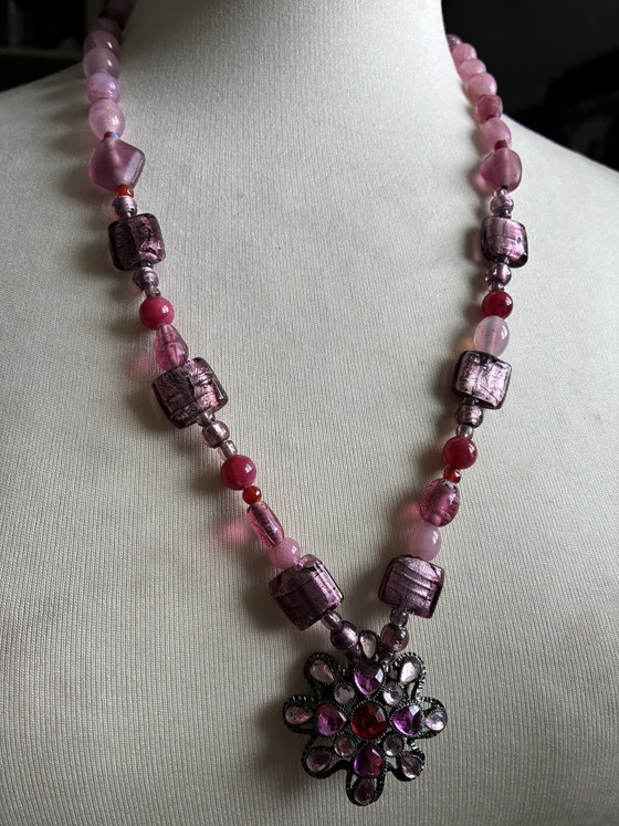 Image 1 of New necklace 60 cm with pink vintage beads and pendant