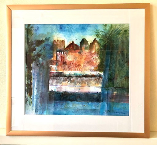 Mittelmeerstadt-Margo Ellen. Aquarell. Unterzeichnet. Gerahmt.