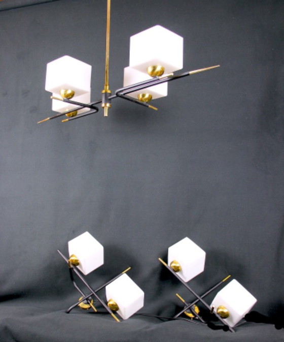 Image 1 of Coppia D'Appliques Doppie Nere e Ottone, Francia Mid-Century, Maison Arlus