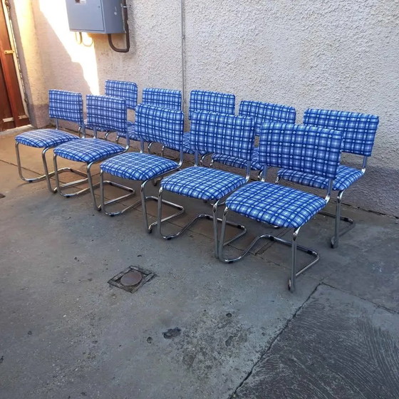 1 of 10 Stackable Vintage Chrome Cantilever Chairs with Blue Checkered Upholstery, 1970s (photo 4 of 4)