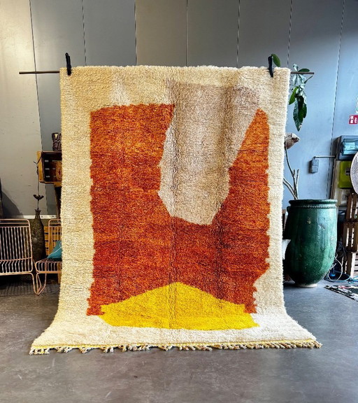 Moroccan Mrirt Rug Handmade Wool 200x300 cm – Modern Berber Rug – Cream Orange Yellow Area Rug – Contemporary Deco