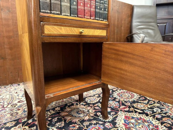 Set of Classic English Nightstand with Books and Marqueterie, Leather, Wood, Chesterfield (photo 13 of 15)