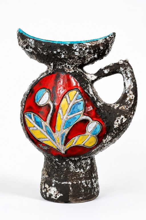 Large Signed Pugi Brutalist Ceramic Pitcher – Vallauris / Monaco – 1970s