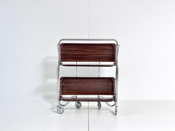 Desserte Bremshey Dinett, pliable, chrome et aspect bois foncé, Mid-Century, Argenté, Vintage (photo 3 sur 15)