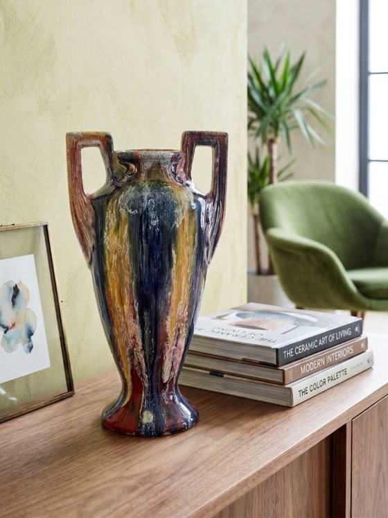 Image 1 of Grote Elgé vaas – Frans kunstkeramiek – Art Deco handgrepen – polychroom geflambeerd glazuur – 32 cm