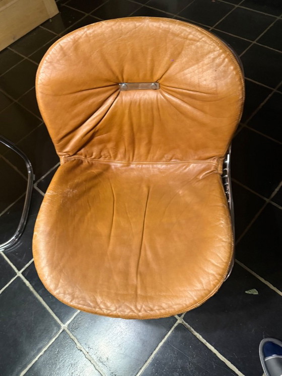 Dining set with glass table and six leather chairs, Rinaldi, Chrome, Brown, Mid Century Modern (photo 4 of 6)