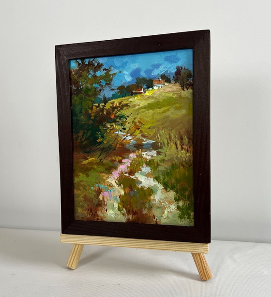 Image 1 of Origineel olieverfschilderij: Landschap bij een zomerhuis. Een rustige weg naar inheemse plekken.