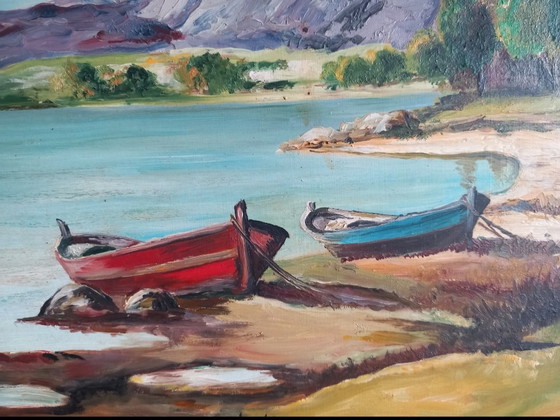 Image 1 of Marine aux barques éclatantes – Huile au couteau (fort relief) de Louis-Édouard GARRIDO – 50x35 cm