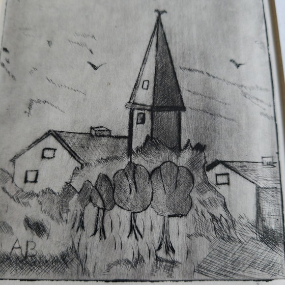 Image 1 of Original Anton Brunia Drypoint Etching – Framed Vintage Graphic Art