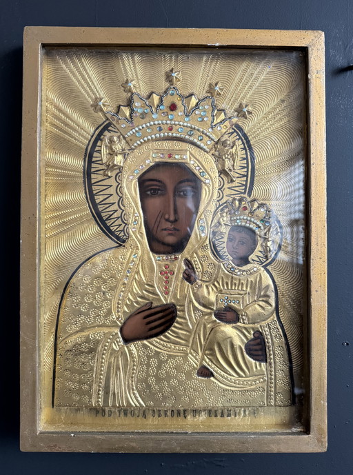 Icône peinte et métal repoussé, Pologne début 20ème