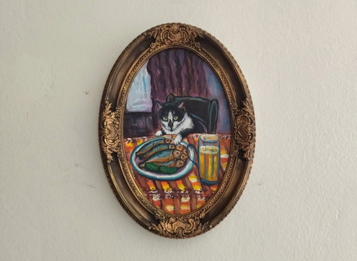 Original painting of the cat Pipette – Handcrafted cold-fired ceramic frame (33x22 cm)