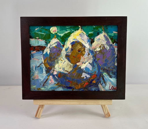 Original Oil Painting Winter Village Landscape Where time stopped