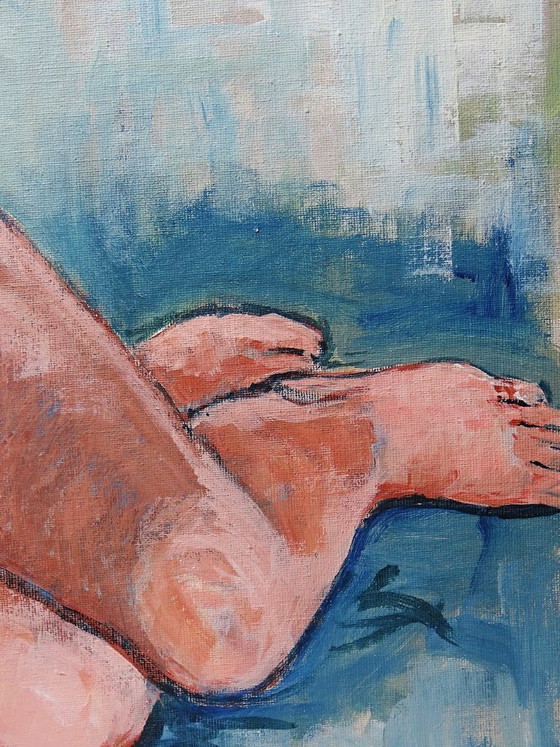 Image 1 of Vintage seated nude portrait painting, modern oil on canvas board