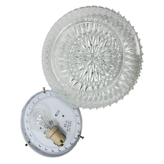 Image 1 of Massive Belgium Vintage Pressed Glass Mid-Century Rosette Ceiling Lamp Wall Sconce White Base 10x25 1970s
