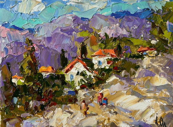 Image 1 of Original Oil Painting Summer Nature Landscape Village among the mountains