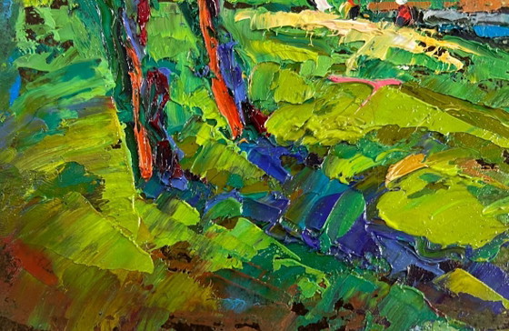 Image 1 of Original Oil Painting Summer Field Landscape Sky through green branches