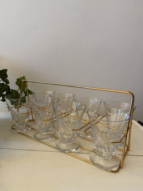 Image 1 of Set of 8 glasses in brass holder, 1950s