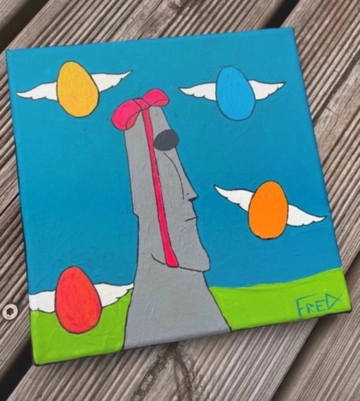Acrylique sur châssis 20x20cm. Moai Pâques 