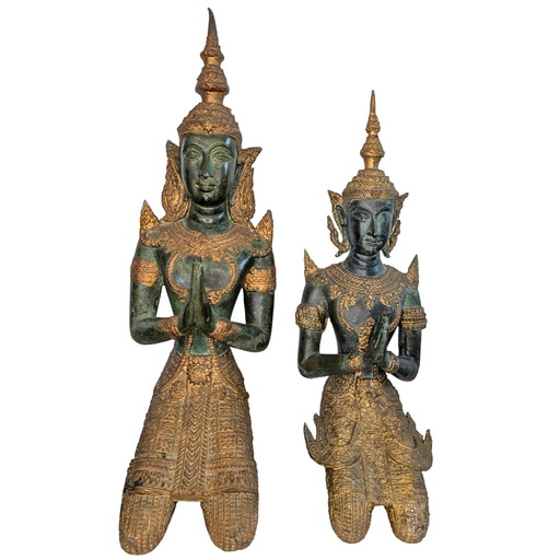 Thaise Bronzen Tempelwachter Set – Knielende Thepanom Beelden met Vergulding en Patina