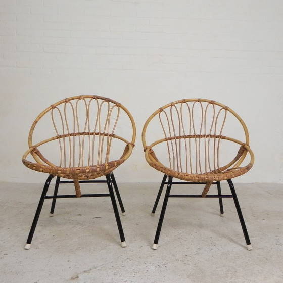 Image 1 of Juego de 2 sillas infantiles de ratán y bambú Rohe Noordwolde, años 50