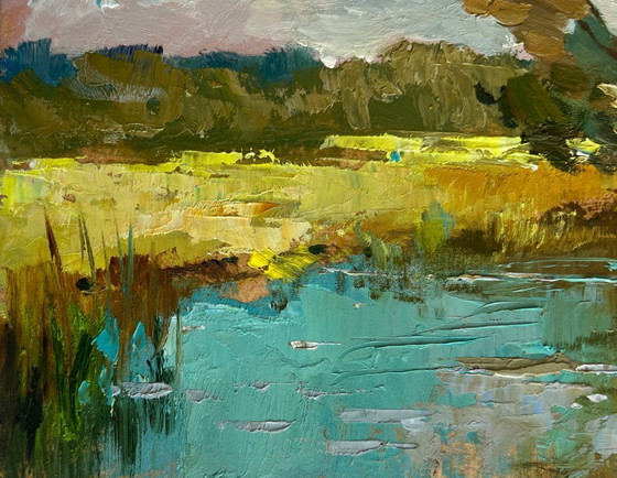 Image 1 of Original Oil Painting Summer River Landscape River along the willow