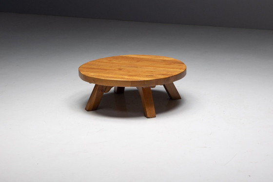 Image 1 of Brutalist Oak Round Coffee Table, France, 1950s